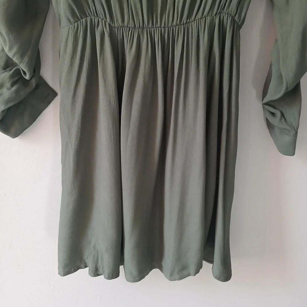Maeve Women's Size XS Olive Green Faux Wrap Midi Dress Zip Pockets Roll-Tab - Picture 12 of 12